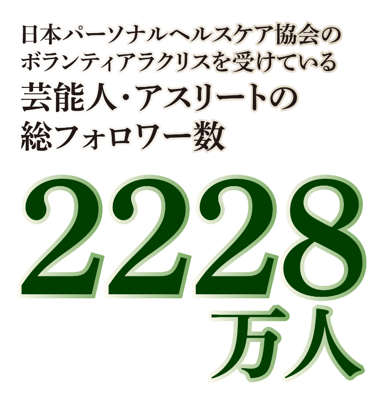 日本パーソナルヘルスケア協会のボランティアラクリスを受けている有名人の総フォロワー数2228万人